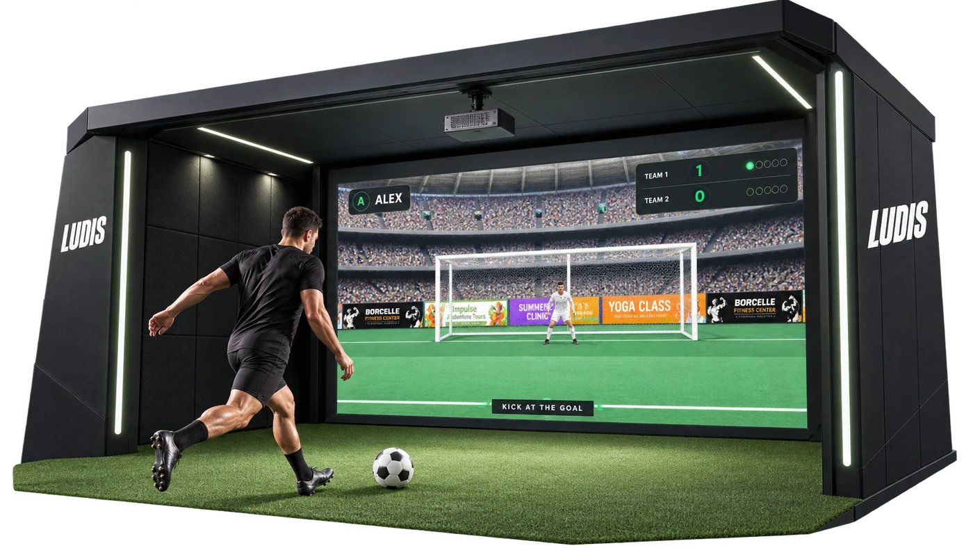 Ludis ONE interactive football experience, with a player kicking a ball towards a projected goal
